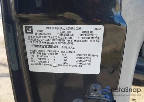 2003 Chevrolet Trailblazer Ls из США, поврежденный, VIN 1GNDS13S332351449